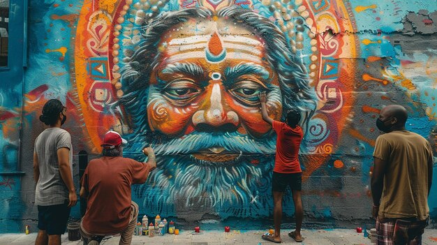 Foto dos hombres están pintando un mural de un hombre con barba