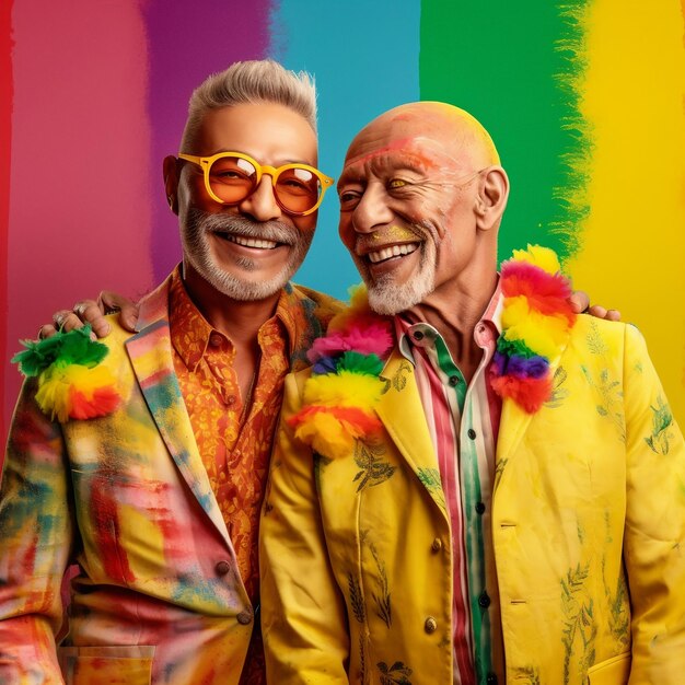 Foto dos hombres están posando para una foto con un signo de arco iris detrás de ellos.