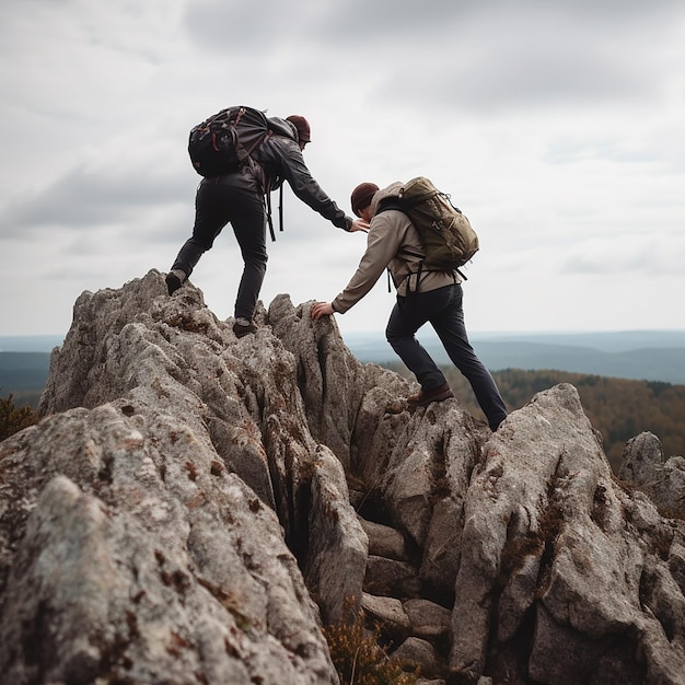 dos hombres están en una roca uno de los cuales tiene una mochila en ella