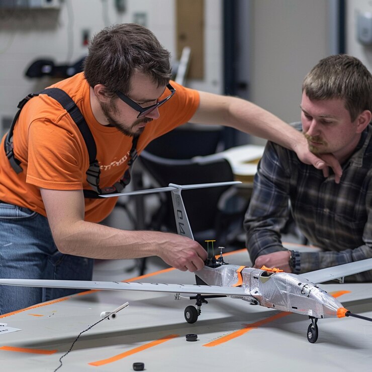 dos hombres están trabajando en un avión modelo con la palabra cita en él