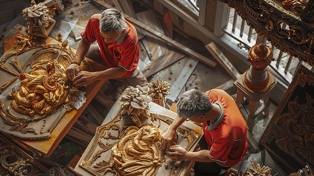 dos hombres están trabajando en una escultura de madera