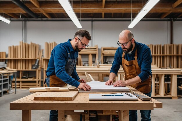 dos hombres están trabajando en una estructura de madera con una camisa azul que dice la palabra en ella