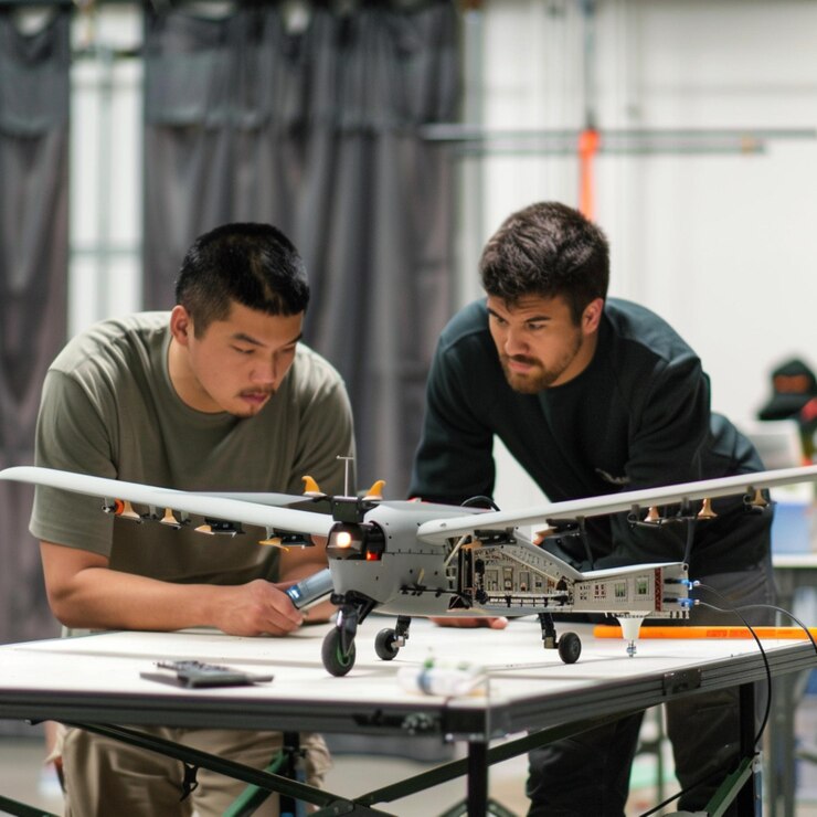 dos hombres están trabajando en un pequeño modelo de avión