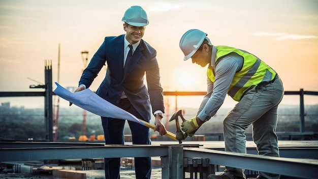 dos hombres están trabajando en un sitio de construcción uno de los cuales tiene un plano en él