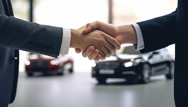 dos hombres estrechando las manos en una sala de exposiciones con coches en el fondo generativo ai