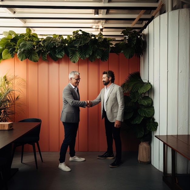 Foto dos hombres estrechándose las manos frente a una planta con una planta detrás de ellos.