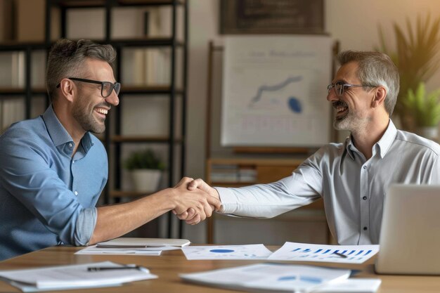 Foto dos hombres felizmente estrechando la mano en acuerdo con papeles extendidos sobre la mesa