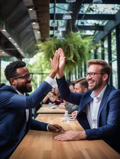 Foto dos hombres con gafas están aplaudiendo en un bar con la palabra en él