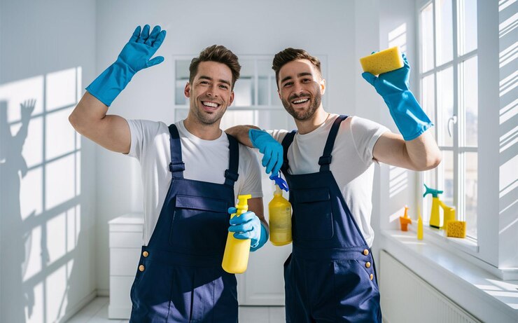 dos hombres con guantes de goma azules y sosteniendo una esponja amarilla