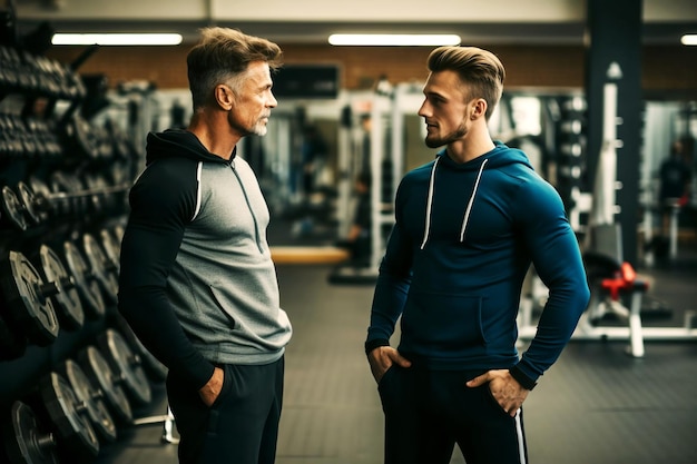 Dos hombres guapos están teniendo una conversación en el gimnasio