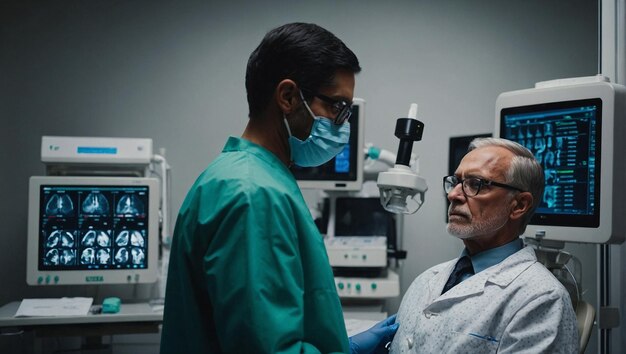 Foto dos hombres en una habitación del hospital con un monitor que muestra a un hombre con una máscara