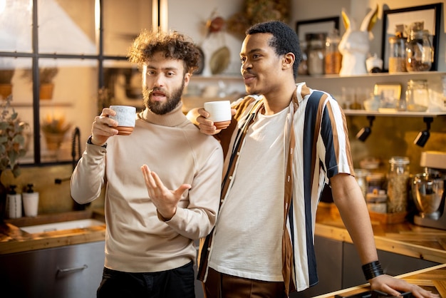 Dos hombres hablando y bebiendo café en la cocina de casa