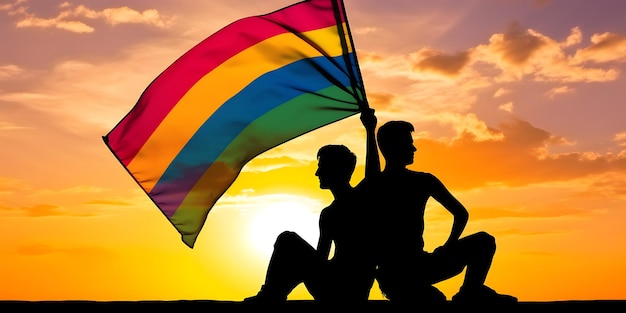 Dos hombres homosexuales con la bandera del arco iris Concepto de orgullo LGBT generado por IA