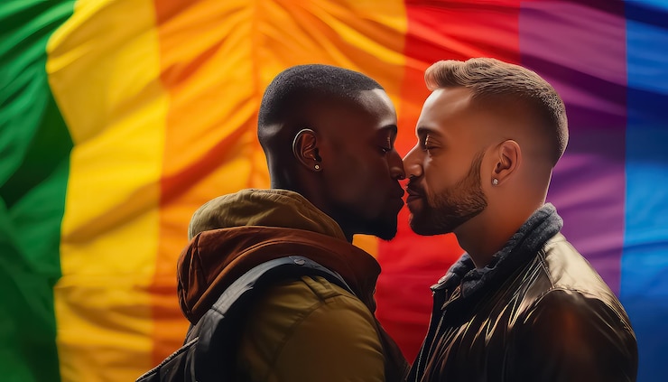Foto dos hombres homosexuales besándose bajo la bandera del arco iris