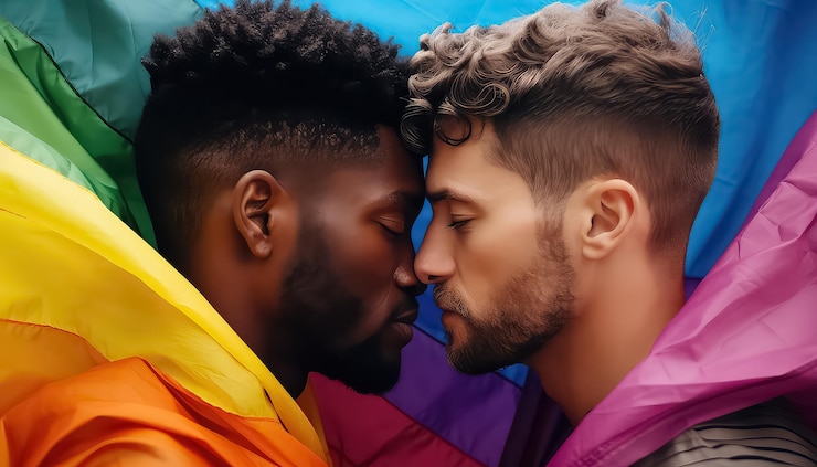 Foto dos hombres homosexuales besándose bajo la bandera del arco iris