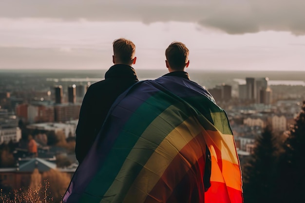 Dos hombres homosexuales que expresan LGBT en la ciudad creados con tecnología de IA generativa