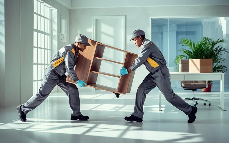 dos hombres llevando cajas pesadas uno llevando una caja con la letra h en ella