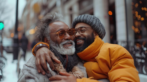 dos hombres mayores blancos LGBT se abrazan juntos en la calle