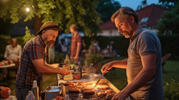 Dos hombres mayores preparan una parrillada para unos amigos que están sentados en una mesa en el patio en una tarde de verano usando IA generativa