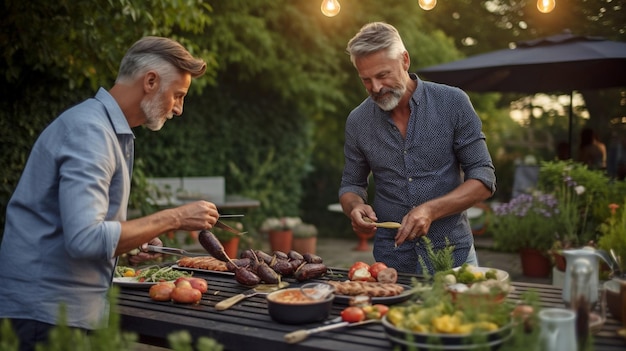 Dos hombres mayores preparan una parrillada para unos amigos que están sentados en una mesa en el patio en una tarde de verano usando IA generativa