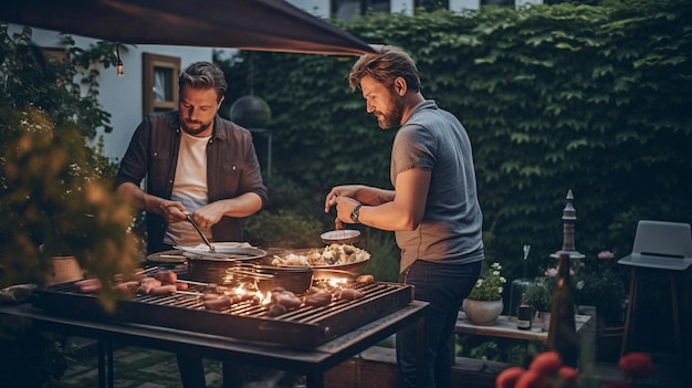 Dos hombres mayores preparan una parrillada para unos amigos que están sentados en una mesa en el patio en una tarde de verano usando IA generativa