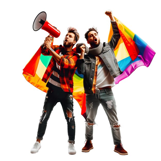 Dos hombres con megáfono y bandera de LGBT