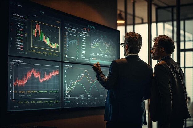 Dos hombres mirando una pantalla con un gráfico que dice "estadísticas financieras".