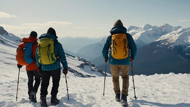 dos hombres con mochilas en una montaña nevada con las montañas en el fondo