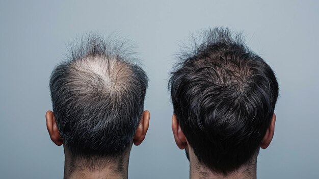 Dos hombres mostrando los resultados de un trasplante de cabello