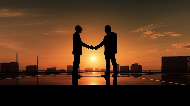 Foto dos hombres de negocios acordando un trato al atardecer en el suelo.