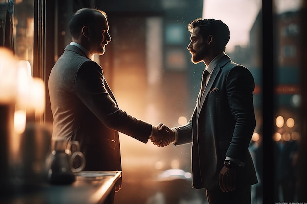 Dos hombres de negocios se comunican y trabajan juntos se dan la mano de acuerdo mostrando un sentido de unidad y compañerismo generado por Ai