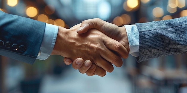 Dos hombres de negocios confiados estrechando la mano durante una reunión en la oficina saludando el éxito del negocio
