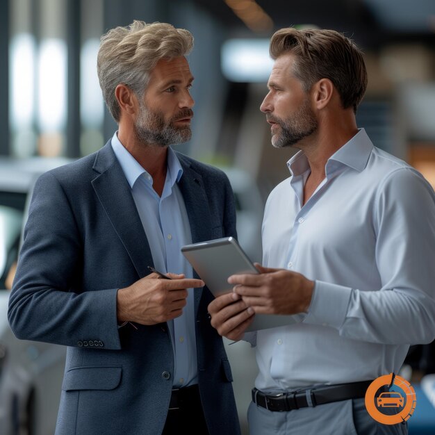 Foto dos hombres de negocios discutiendo un proyecto mientras miran una tableta