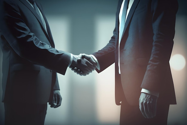 Dos hombres de negocios están de acuerdo en negocios juntos y se dan la mano después de una negociación exitosa El apretón de manos es un saludo o felicitación occidentalAi generativo
