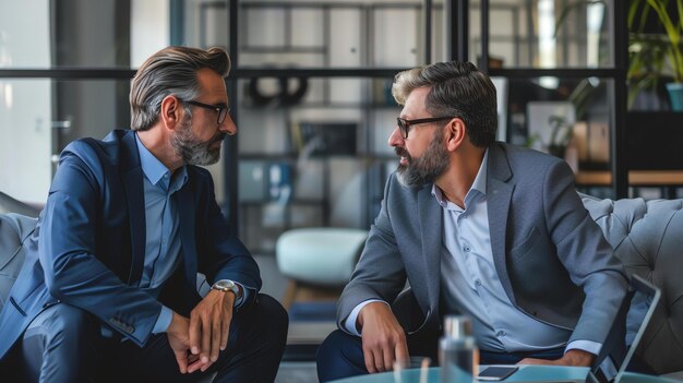 Dos hombres de negocios están discutiendo un proyecto en una oficina moderna ambos llevan trajes y corbatas y parecen serios