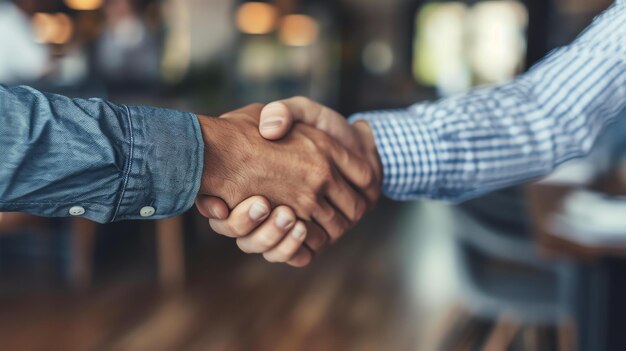 Dos hombres de negocios estrechando la mano en acuerdo.