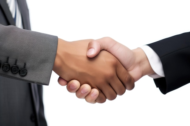 Dos hombres de negocios estrechando la mano en fondo blanco.