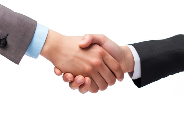 Foto dos hombres de negocios estrechando la mano en fondo blanco.
