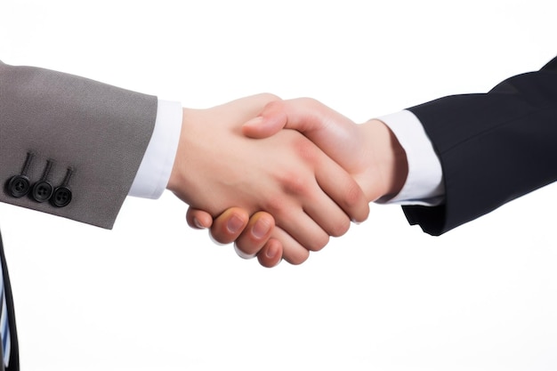 Dos hombres de negocios estrechando la mano en fondo blanco.