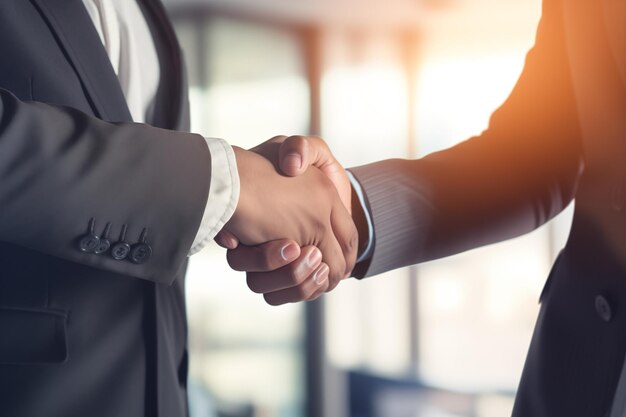 Dos hombres de negocios estrechando la mano en la oficina IA generativa