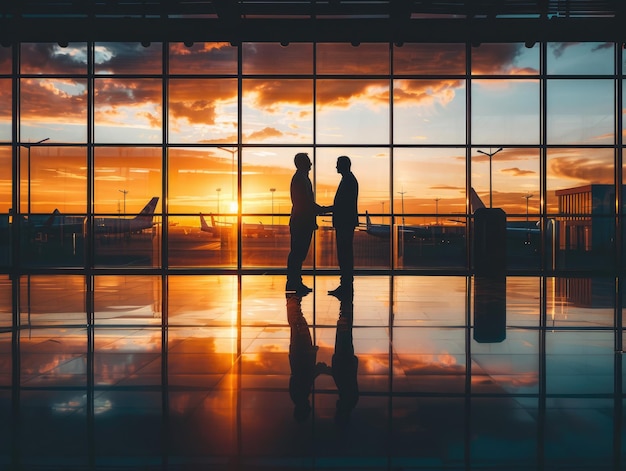 Dos hombres de negocios estrechando la mano en el vestíbulo del aeropuerto al atardecer