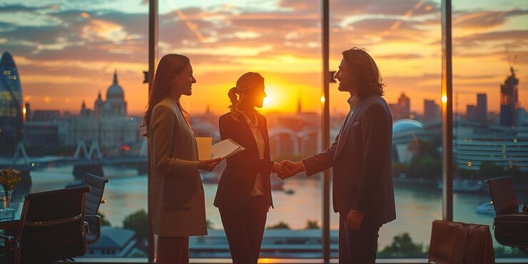 dos hombres de negocios estrechando las manos el sol se pone detrás de ellos