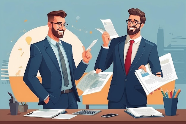Dos hombres de negocios felices Discusión del proyecto Estilo de dibujos animados Trabajo en equipo Gente de negocios Ilustración plana
