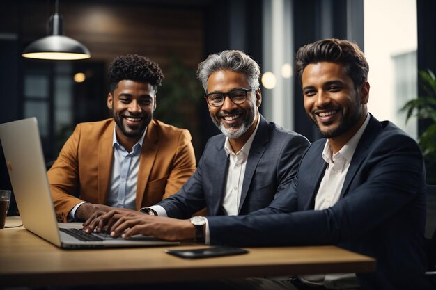 Dos hombres de negocios felices y sonrientes de pie en la oficina con con tabletas digitales generadas por IA