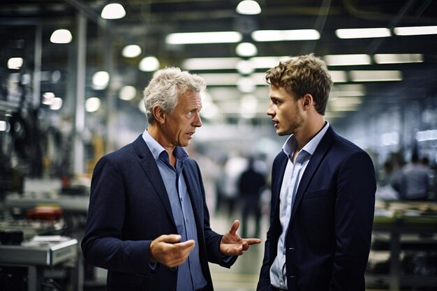 dos hombres de negocios hablando en la fábrica