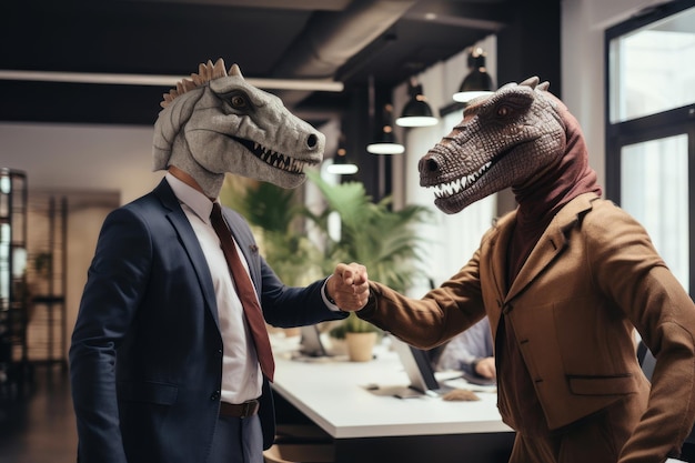 Dos hombres de negocios con máscaras de dinosaurio y cabeza de caballo estrechando la mano en el lugar de trabajo dos empleados de oficina en un autobús