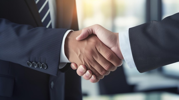 Dos hombres de negocios profesionales diversos líderes ejecutivos estrechando la mano en una reunión de oficina