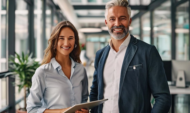 dos hombres de negocios profesionales felices y sonrientes de pie en la oficina con con tabletas digitales