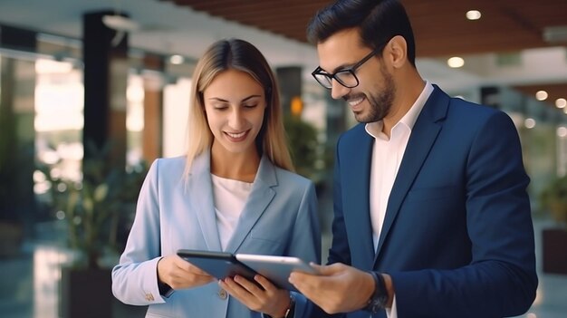 Dos hombres de negocios profesionales felices trabajando juntos con trabajadoras que trabajan usando tecnología digital