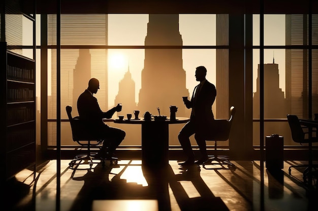 Dos hombres de negocios que trabajan en su oficina contra la luz de la ventana Silueta de color naranja